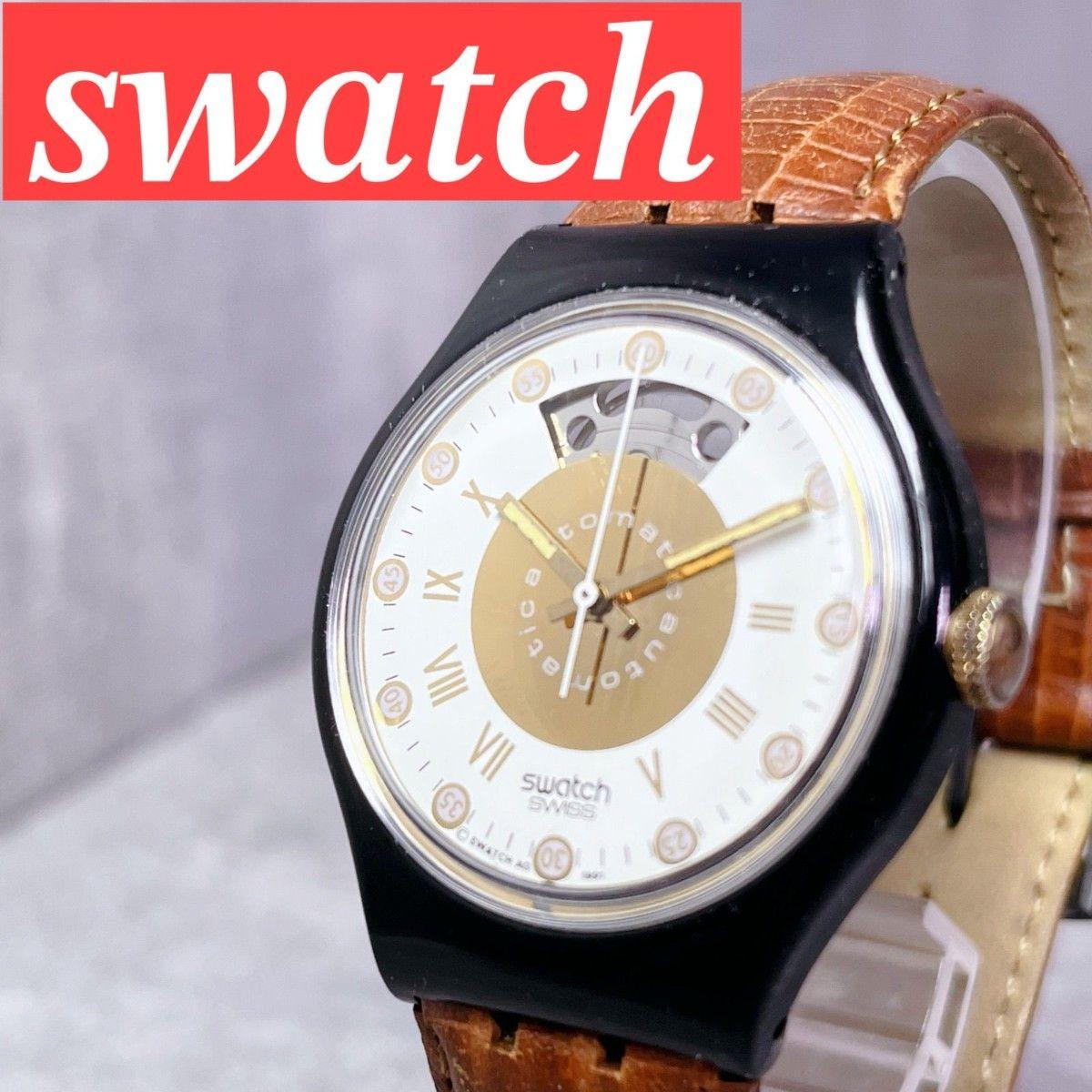 Used Swatch Automatic Swiss Made Back Skeleton Leather Gold x White Dial Vintage