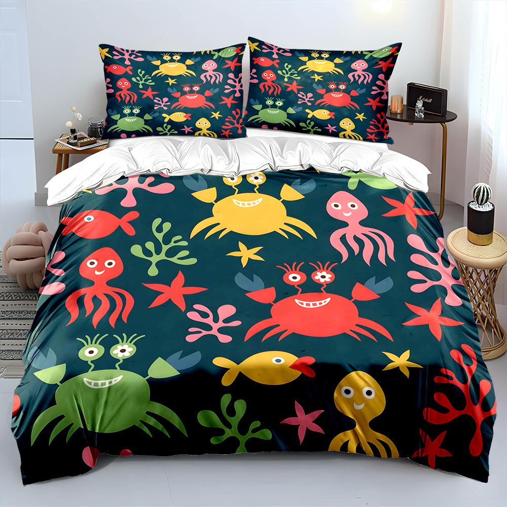 Octopus Crab Cartoon Sea Creatures Bedding Set for Kids Luxury Gift 3pcs Digital Print Comforter Set Soft Comfortable Breathable