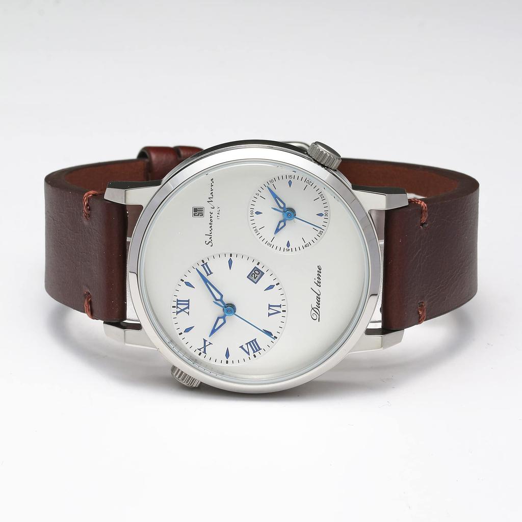 Salvatore Marra and Stainless White and Analog Quartz Dual Leather SSWH Men's Women's Watch, Steel, Silver, Movement, Time, Business, Casual, Strap,