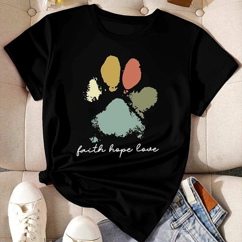 Women Summer T Shirt Dog Claw Print Retro Fashion Short Sleeve Tees Casual   Printed  Tops