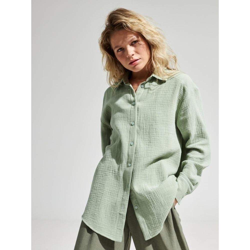 Women's Point Collar Long Sleeve Shirt Loose Fit Elegant Solid Crinkle Cotton Button Down Blouse