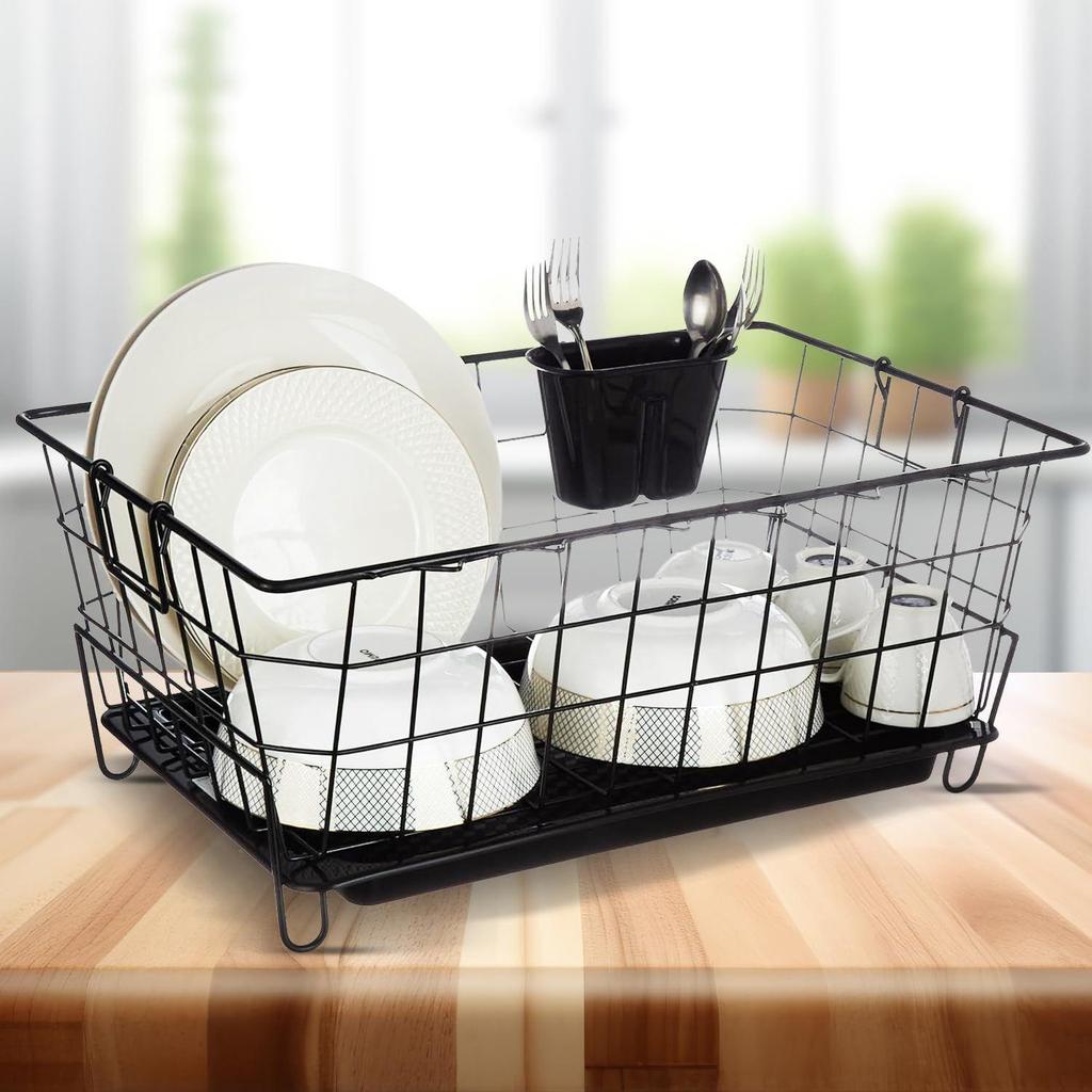 Stainless Steel Luxe Black Steel Dish Drainer with Drain Tray, Detachable Cutlery Stand | Bartan Plate Drying Basket Stand (Black), 55.3 X 37 X 23 Cm
