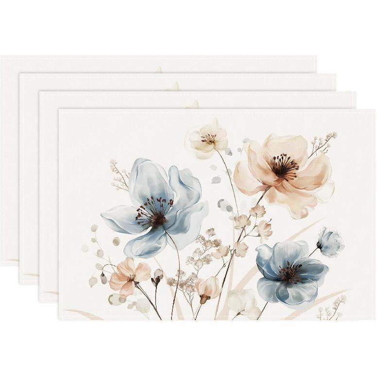 Bonhause Watercolor Floral Placemats Set of 4, 12x18 Inch Blue Brown Flower Leaves Kitchen Dining Table Mats Washable Place Mats for Indoor Outdoor