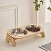 Raised Pet Bowl Inclined Steel Food Bowls Dog Water Feeding Food Container Cat Dish Wooden Stand Pet Supplies Single/Double