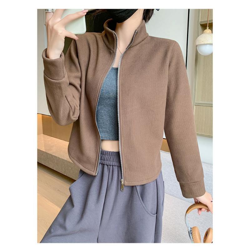 Ribbed Fleece Slim Stand Collar Cardigan Short Jacket Women Spring Autumn Outerwear Early Fall Top