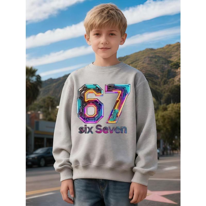 Unisex Kids Cyberpunk Circuit Board Number 67 Crewneck Sweatshirt Boys Girls Colorful Neon Six Seven Graphic Long Sleeve Pullover Top Black Soft