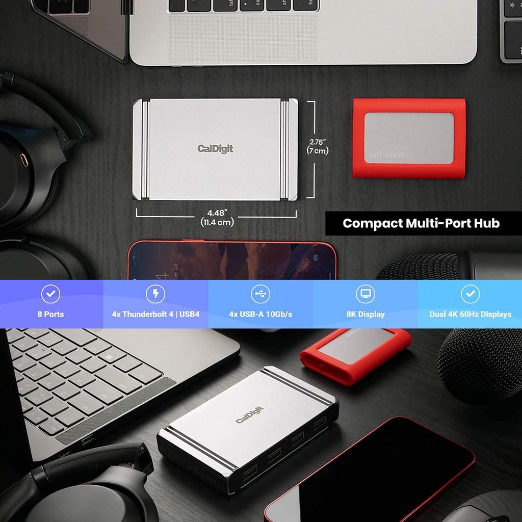 CalDigit Thunderbolt 4 Element Hub Universal 4x Thunderbolt 4x USB Gen2 single display up to 8K or dual 4K 60Hz 60W charging with cable - multi-port