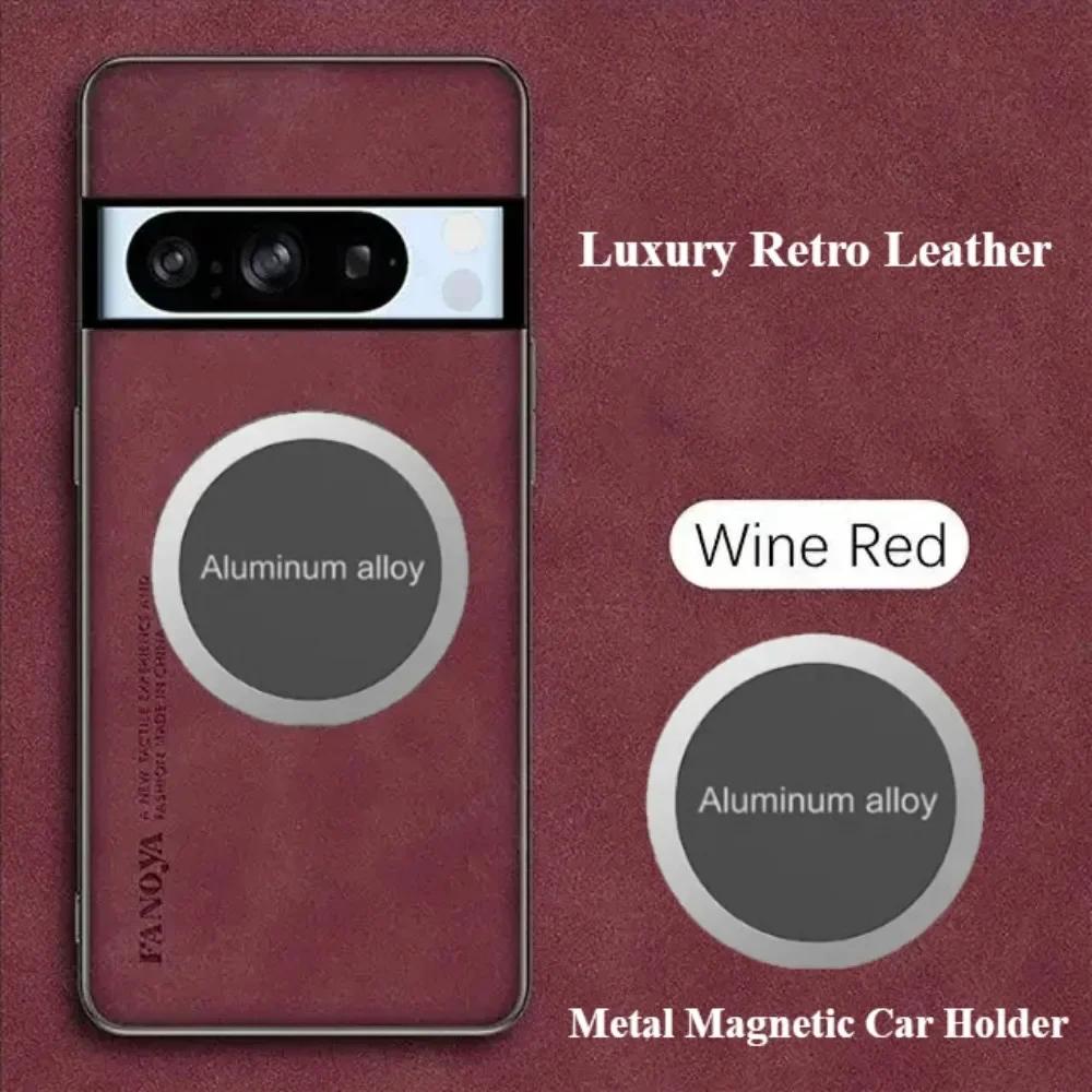 Business Retro Matte Lambskin Leather Case For Google Pixel 10 9 8 7 6 A Pro XL Metal Magnetic Car Holder TPU Soft Protect Cover