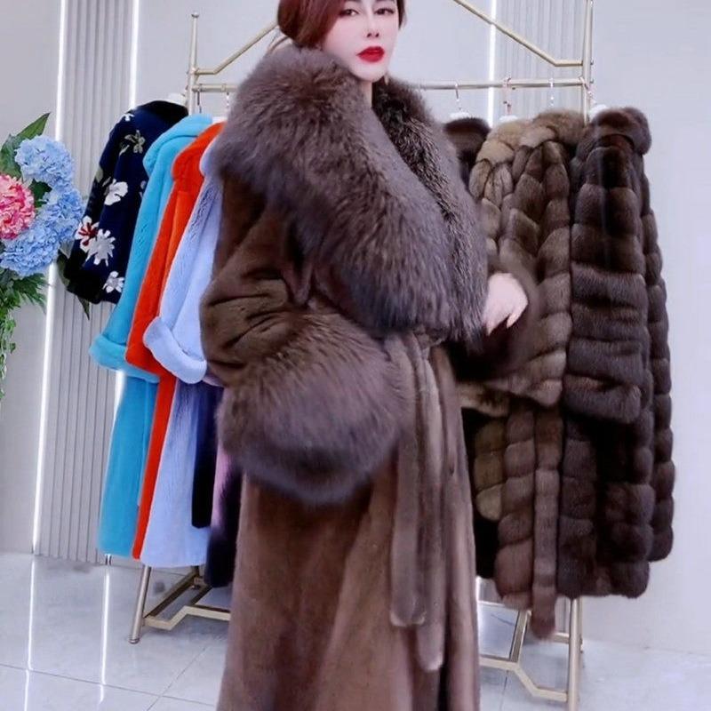 Høst og vinter imitasjon minkkåpe pelskåpe dame lang pelskåpe imitasjon revepelskrage stor størrelse high-end bomullsklær