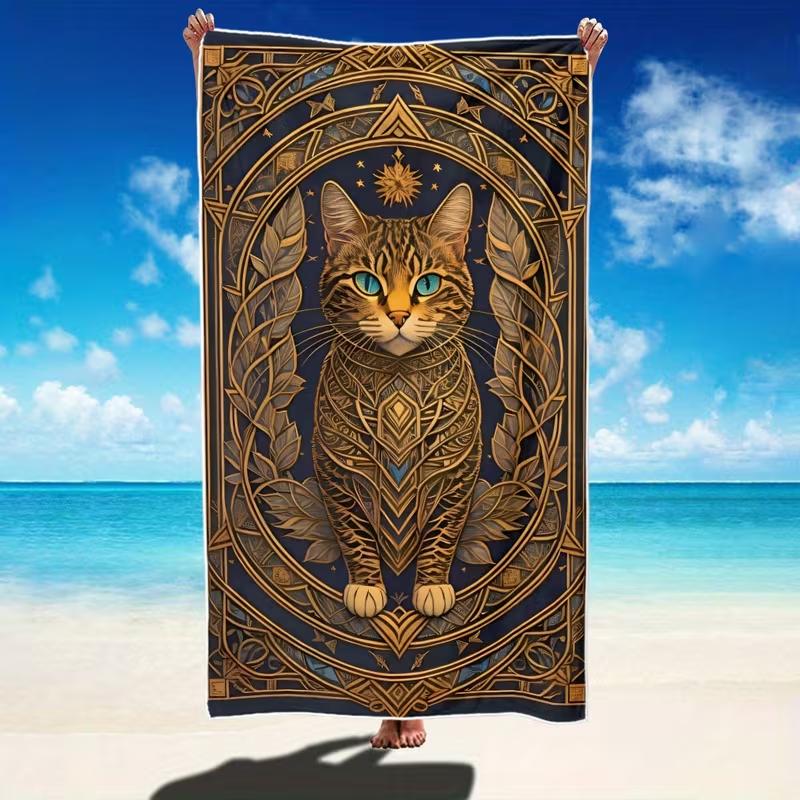 Egyptian Cat Print Beach Towel Black Cat Ethnic Print Quick Dry Sandproof Absorbent Towel for Summer Beach Travel Vacation