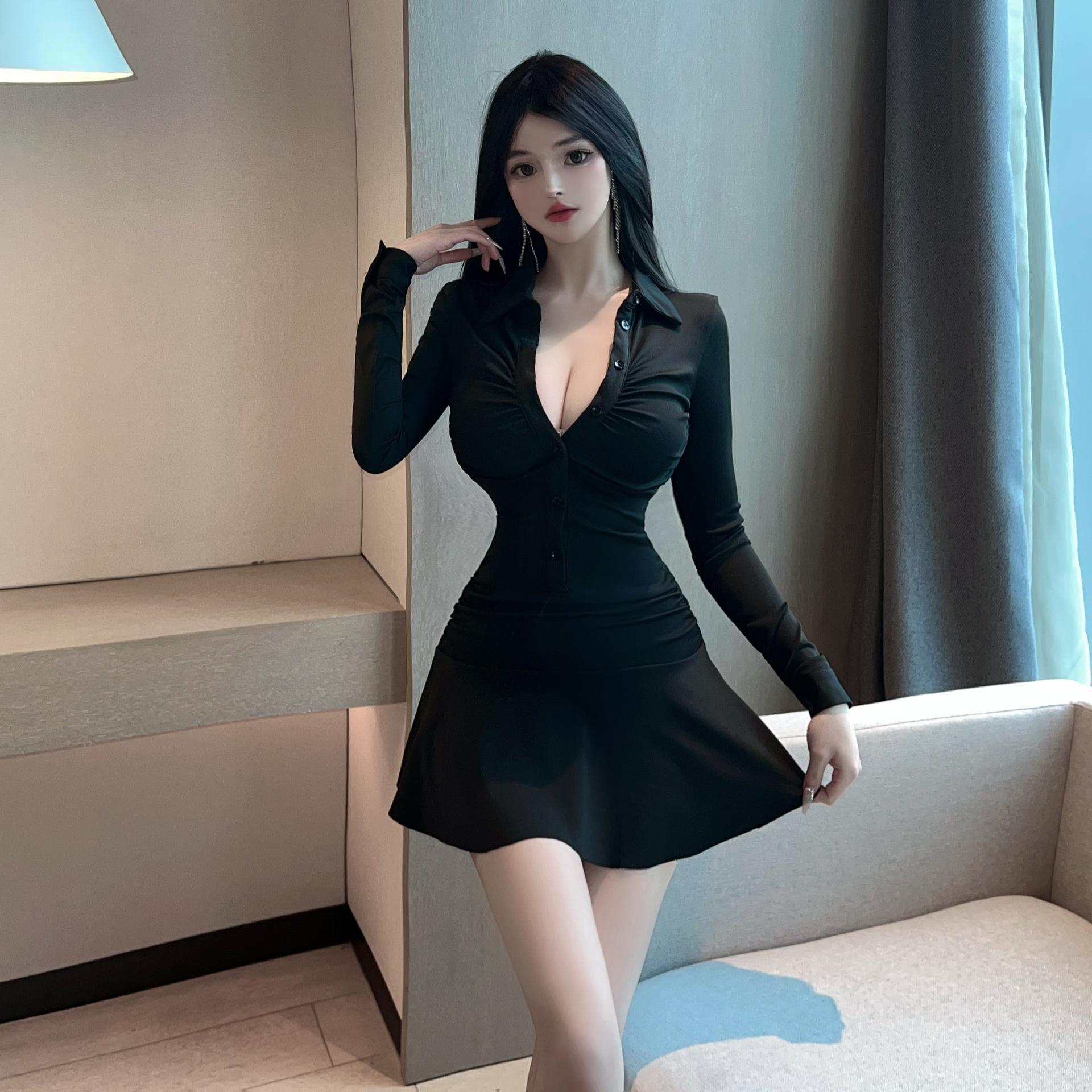 

Sports style polo collar black long-sleeved dress women s first autumn dress high-end waist shirt skirt small man XL