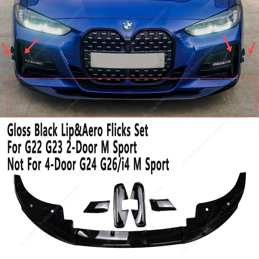 Gloss Black MP Front Bumper Splitter Lip&Areo Flicks Fog Lamp Trim Cover For BMW G22 G23 M Sport/M440i 2-Door 2019-2024 Tuning