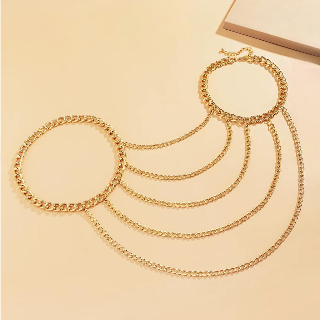 New Fashion Exaggeration Multi Layer Mental Thick Shoulder Chain Necklace for Women Elegant Shawl Gold Color Body Chain Jewelry
