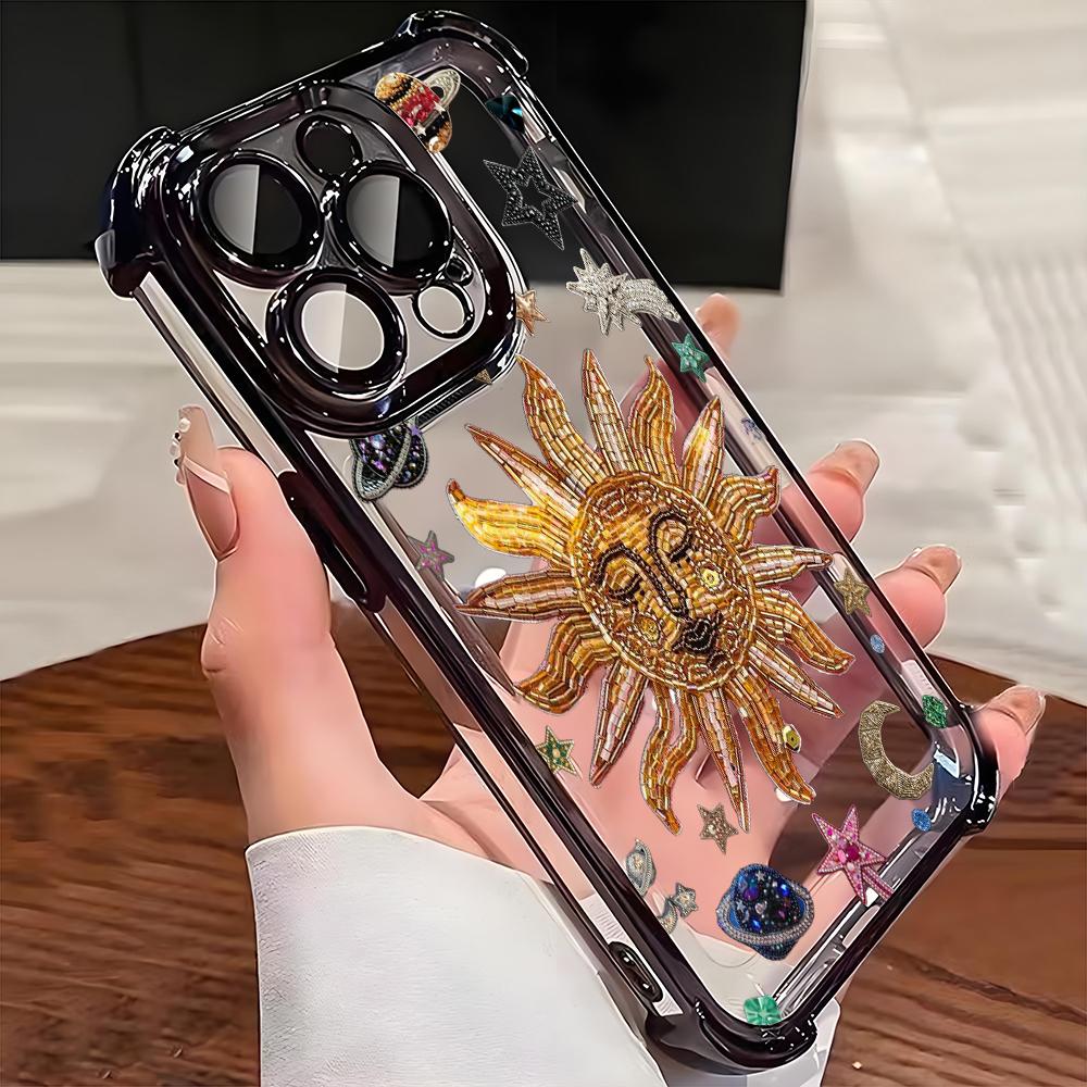 Retro Sun Star Pattern Electroplate AntiDrop Phone Case For iPhone 16 Pro Max 15 14 Plus 13 12 11 17 Air 16E Transparent Cover