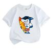 Kids Boys Girls 100% Cotton Crew Neck Short Sleeve T-Shirt, Cool Surfing Shark Cartoon Printed Casual Soft Breathable Summer Top for Children Daily We