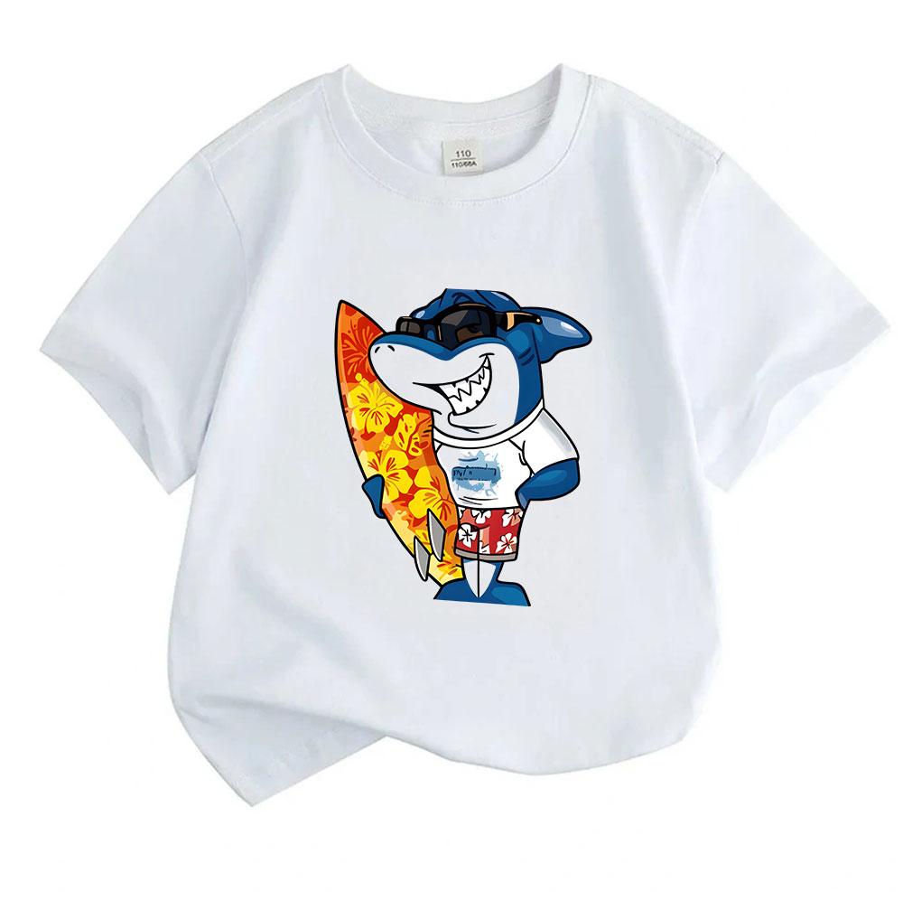 Kids Boys Girls 100% Cotton Crew Neck Short Sleeve T-Shirt, Cool Surfing Shark Cartoon Printed Casual Soft Breathable Summer Top for Children Daily We