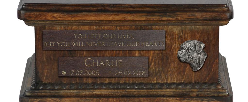 Border Terrier - urn for dog ashes, personalized urn with a statue, wooden urn with a dog by Art-Dog brand