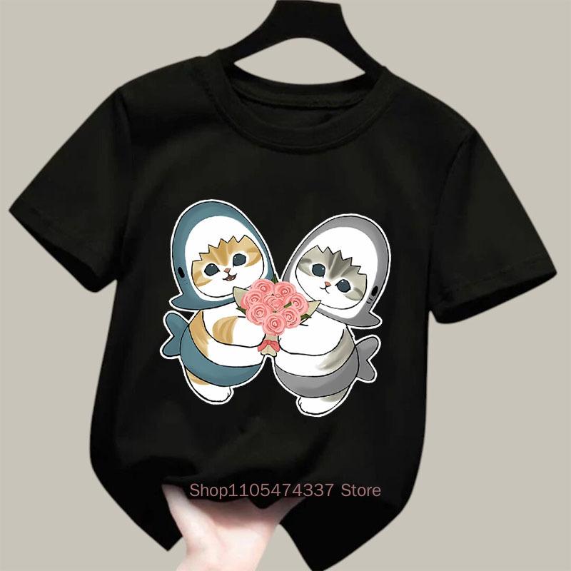 Cute Shark Cat Print Tshirts For Girls Summer Children Casual Kawaii Colorful Comfortable Tops Kids Oneck Short Sleeve Tees