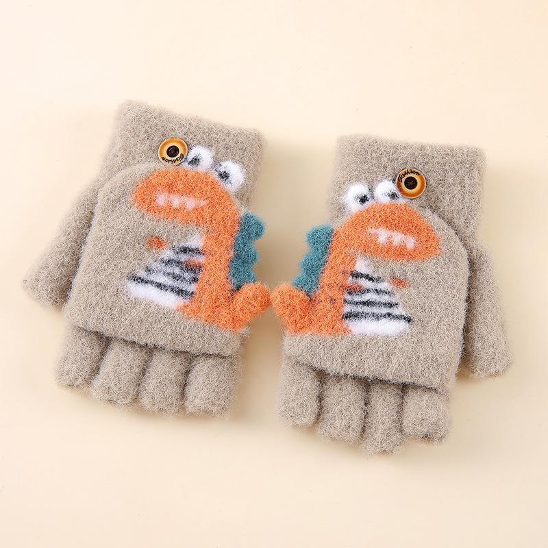 Dětské roztomilé kreslené dinosauří palčáky s odklápěcí horní částí: Hřejivé vlněné rukavice bez prstů na zimu