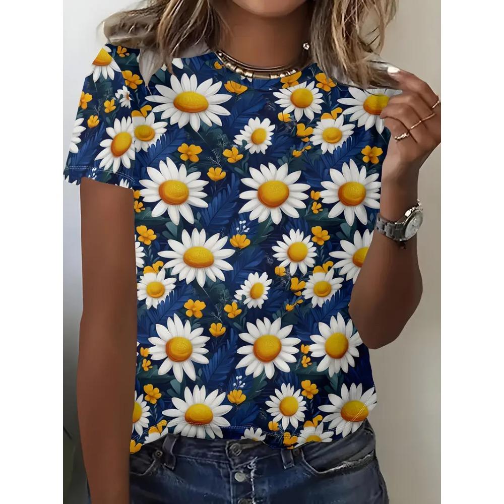 Summer women's T-shirt casual daisy pattern 3D printed women's T-shirt loose short sleeved round neck T-shirt girls' top
