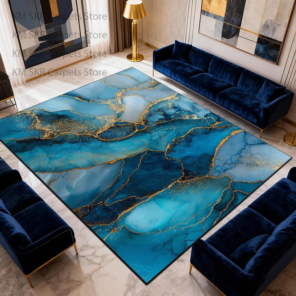 Modern Marble Large Living Room Sofa Carpet Blue-gold Washable Non-slip Decoration Bedroom Bedside Mat Soft Fluffy Cloakroom Rug