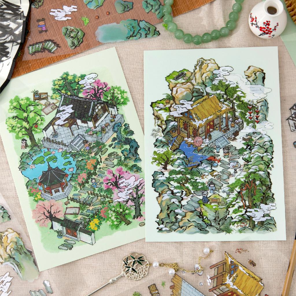JIAMEI Kawaii 3D Kleines Haus Miniatur Szenen Aufkleber Lustige Vier Jahreszeiten Innenhof Landschaft Aufkleber DIY Hand Stapel Album
