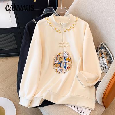 Plus Size Feminino Novo Estilo Nacional Chinês Moletom Primavera e Outono Solto Manga Longa Pulôver Placa Botão Top