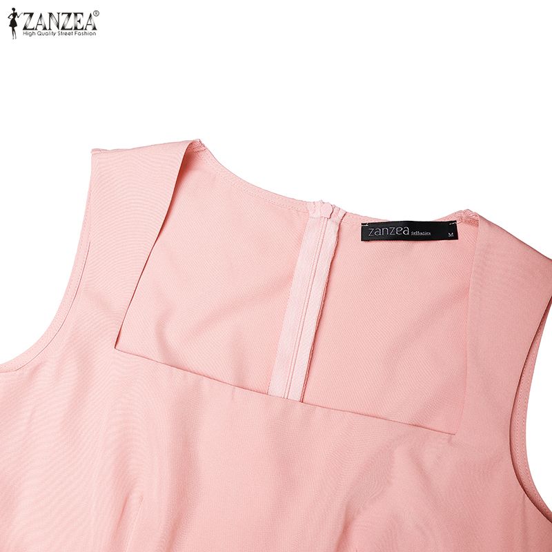 ZANZEA Women Elegant Square Collar Casual Sleeveless Pleated Dress