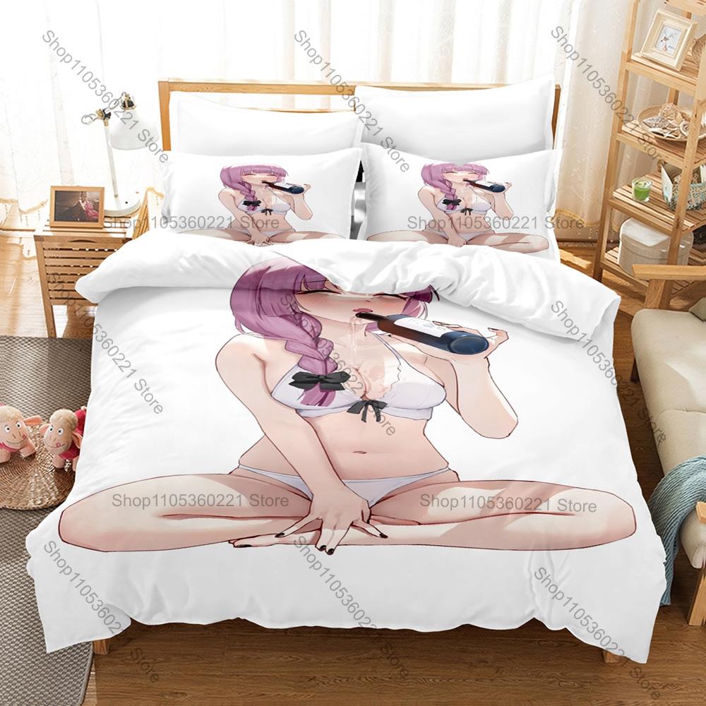 Bocchi The Rock Anime Kikuri Hiroi SICK HACK Band Purple Braided Hair Sake Lover Bedding Set Duvet Cover + 2 Pillowcases Anime