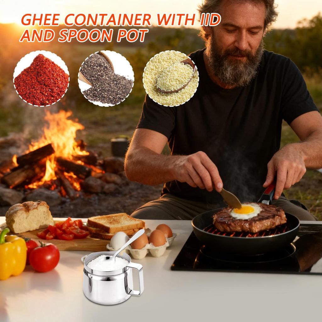 Kitchen Storage Bottle Ghee Container 500ml Stainless Steel Canister Ghee Pot With Lid&Spoon For Tea Sugar Salt Oil Seasoning