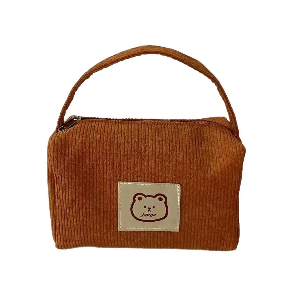 Korean Cute Bear Corduroy Makeup Bag - Portable, Multi-functional, Fresh, Sweet Design for Women
