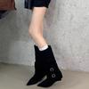 Autumn and Winter New Pointed But Knee Belt Buckle Heel Medium Heel Boots Low Heel Boots High Boots Brown Velvet