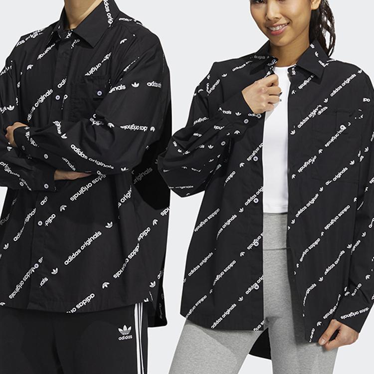 Adidas Originals Trefoil Print Letter Snap Button Long Sleeve Shirt Unisex Tops Black HU1229