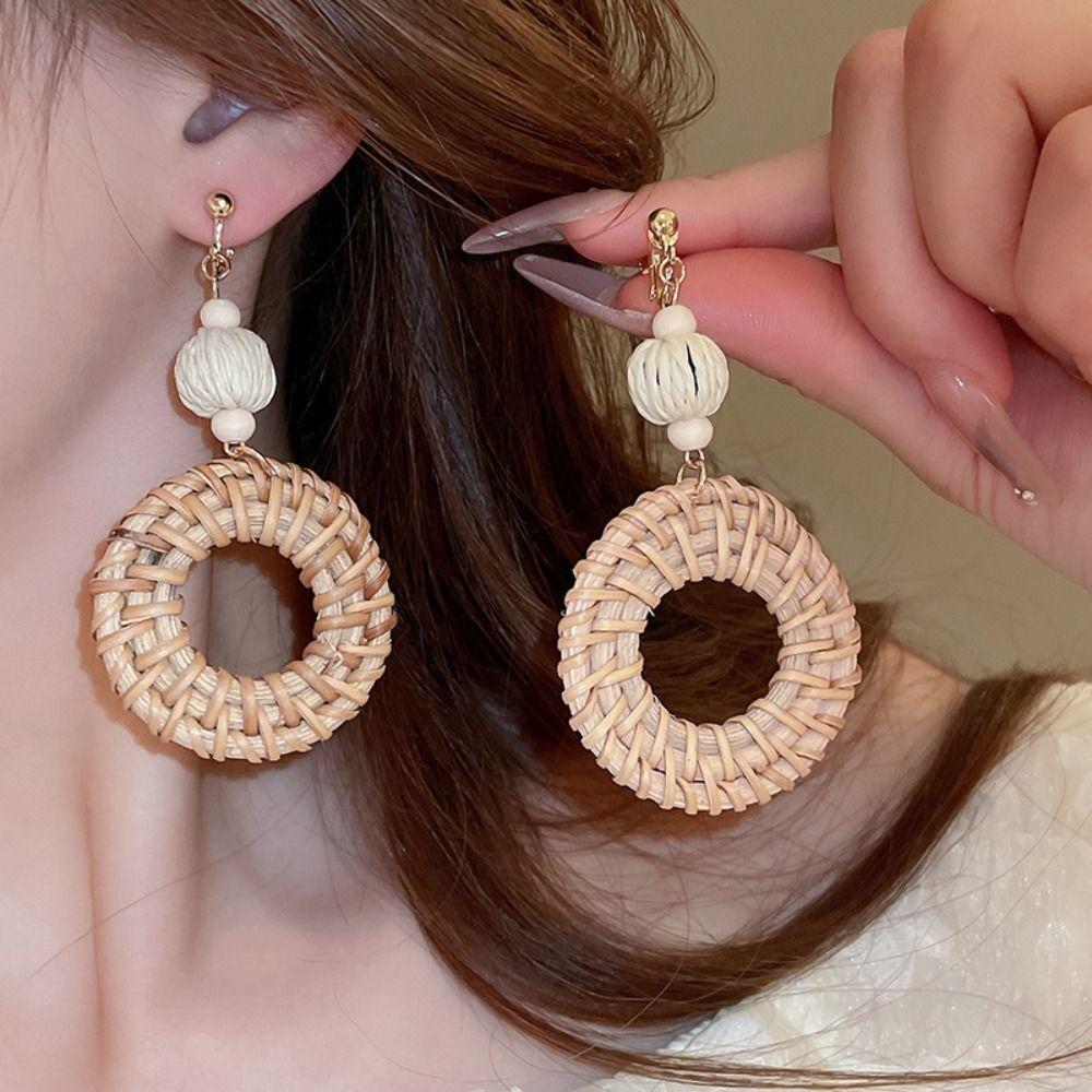 Holz Rattan Geflecht Ohrringe Blume Strand Schmuck Elegante Geometrische Ohrringe Party