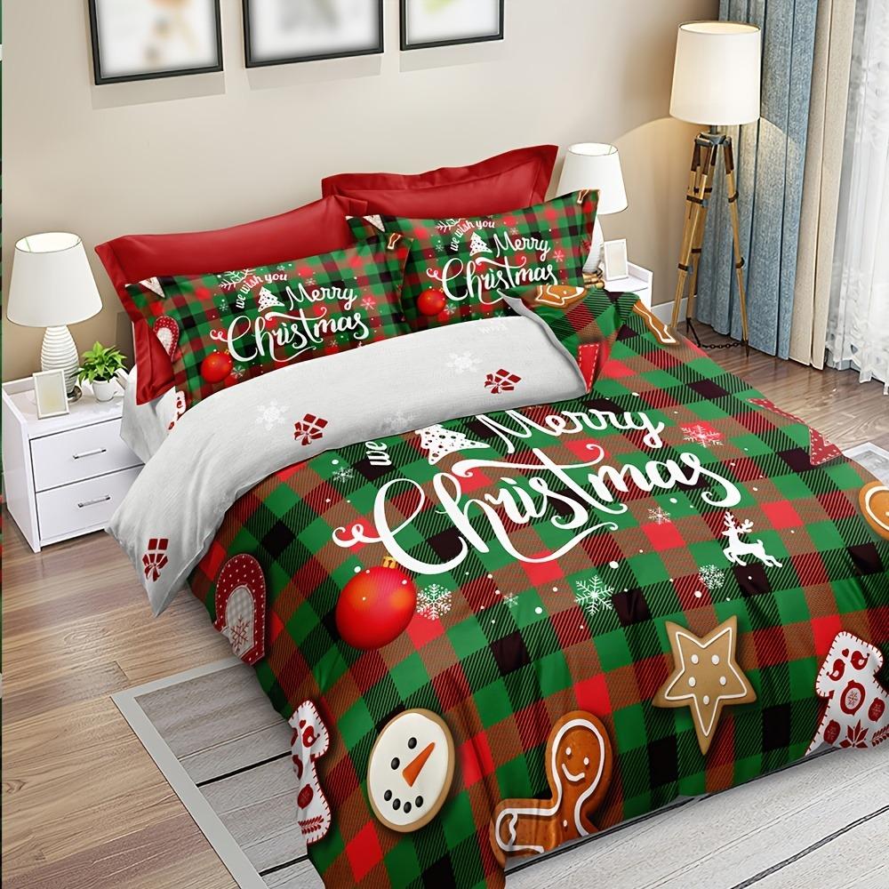 3pc Bedding Set Snowman Gingerbread Man Print Cozy Duvet Cover King Queen Twin Single Size New Christmas Gift Bedroom Decor