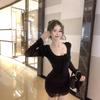 Petite Black Ruffle Round Neck Dress - Autumn Slimming Mesh Style