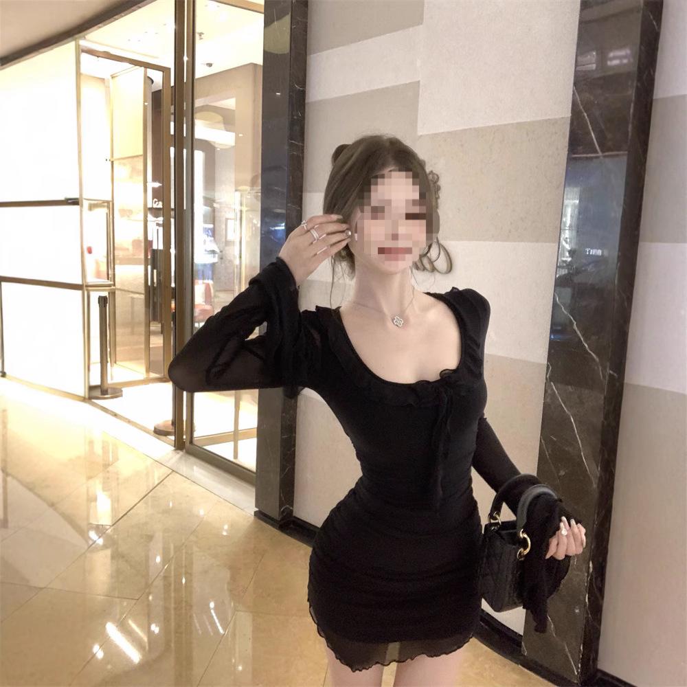 Petite Black Ruffle Round Neck Dress - Autumn Slimming Mesh Style
