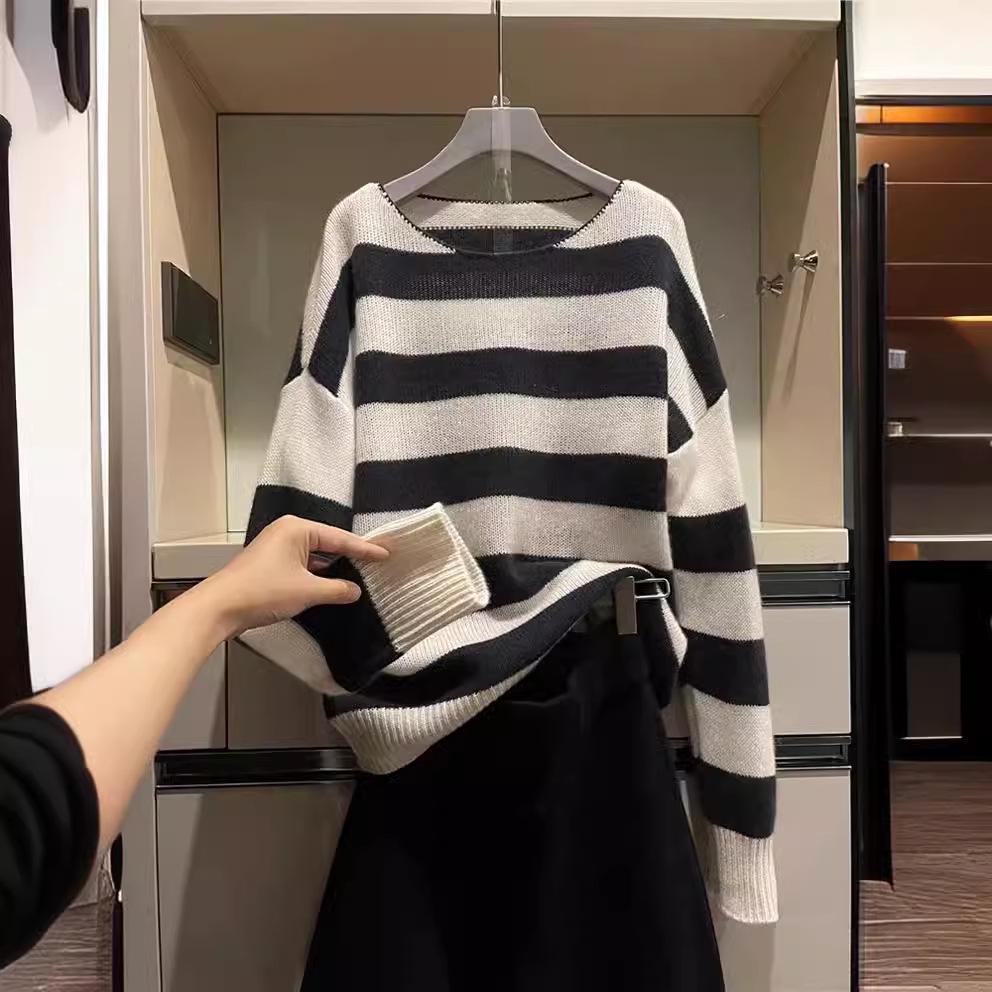 Women's Korean Style Striped Cashmere Round Neck Sweater – Soft, Comfortable, and Loose Fit