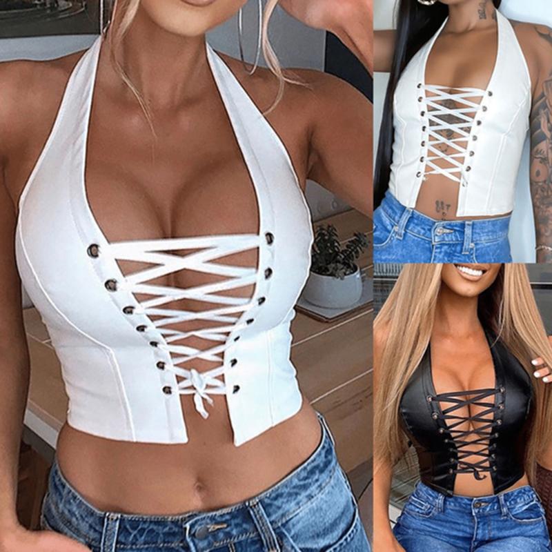 

Летом женщины Сексуальная Halter Eyelet кружева деятельности PU Кожа Урожай Top Slim Fit Бинт Танк Топы