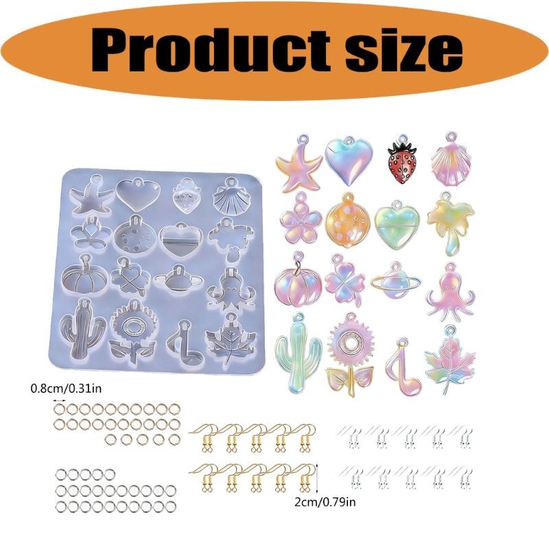 Earring Charm Resin Mold Set, 16 Cavity Silicone Tray for Pendant Casting, Jewelry Making Kit with Assembly Findings for DIY Projects