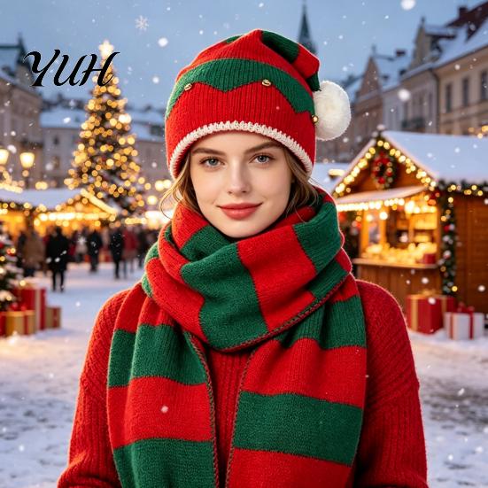 Outdoor Hiking And Travel Wear Christmas Hat Scarf Gloves Set, Knitted Xmas Elf with Jingle Bells, Three Piece Winter Set Pompom Warm for Adults,