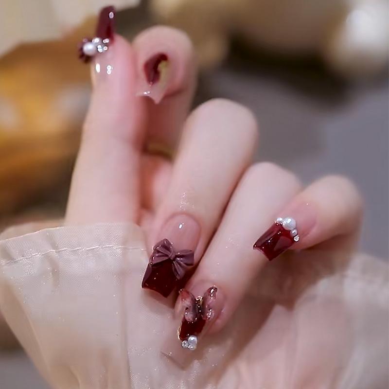 Pearl Camellia Detachable Luxury Long Press-on Nails N5247 [Glue Type]