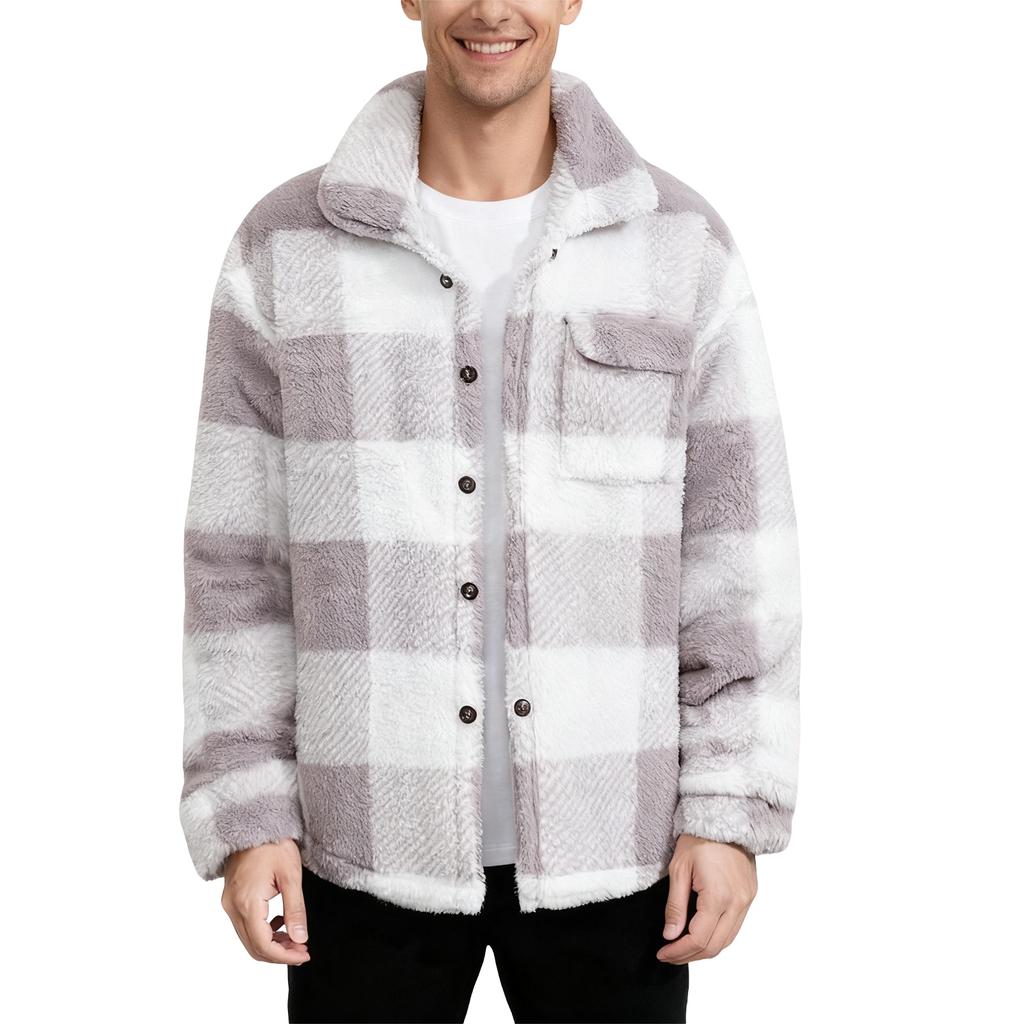Flannel Shirt Jacket Men Plaid Button Down Teddy Winter Coats Lapel Oversized Warm Fuzzy Fleece Outwear With Pockets