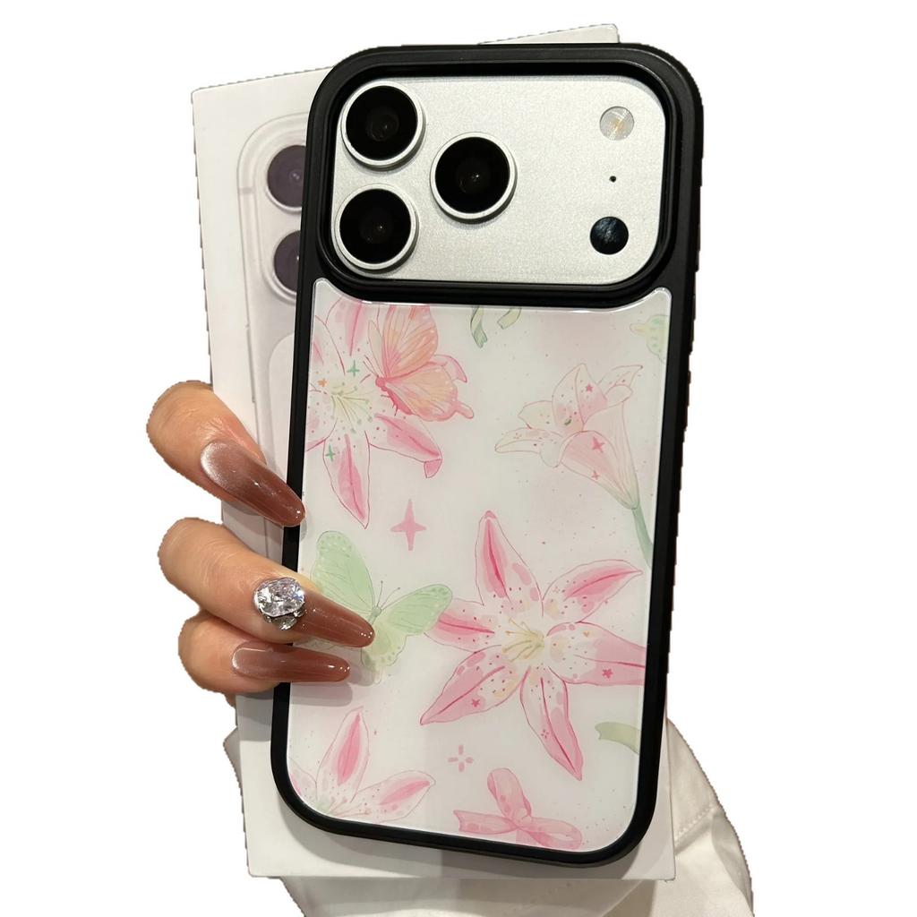 Ins butterfly powder lily for apple iPhone17Pro mobile phone case 16/15/14 Epoxy water condensation 13 large holes