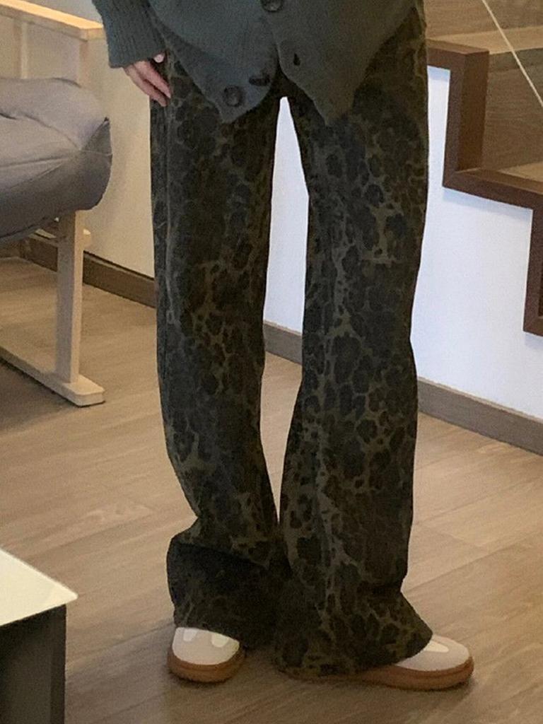 American Lolita Leopard Print Denim Jeans Women Spring/Autumn New Style Brand Loose Straight Leg Casual Pants