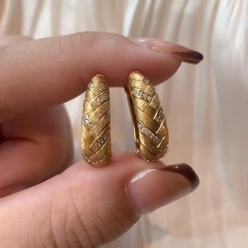 Vintage Dazzling Brushed Craft Wheat Woven Earrings For Women High Quality Fashion Inlay Diamond Hoop Earring Charm Jewelry