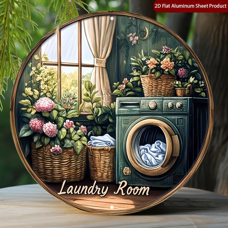 Vintage Laundry Room with Washing Machine and Hydrangeas Round HD Metal Wall Art Rustic Farmhouse Metal Sign for Home and Gard