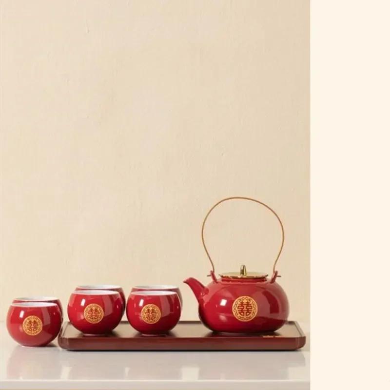 Chinese Red Ceramic Tea Set Bamboo Tray Handmade Teapot Kettle Teacup Tea Jar Household Wedding Teaware Sets Holiday Luxury Gift