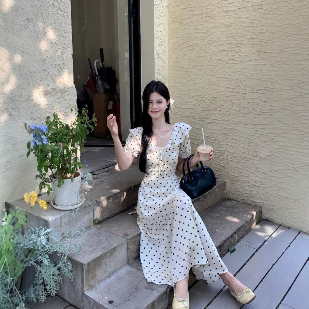 French Gentle White Polka Dot Dress Women's Summer New Lace-up Waist and Thin Temperament Seaside Vacation Dress