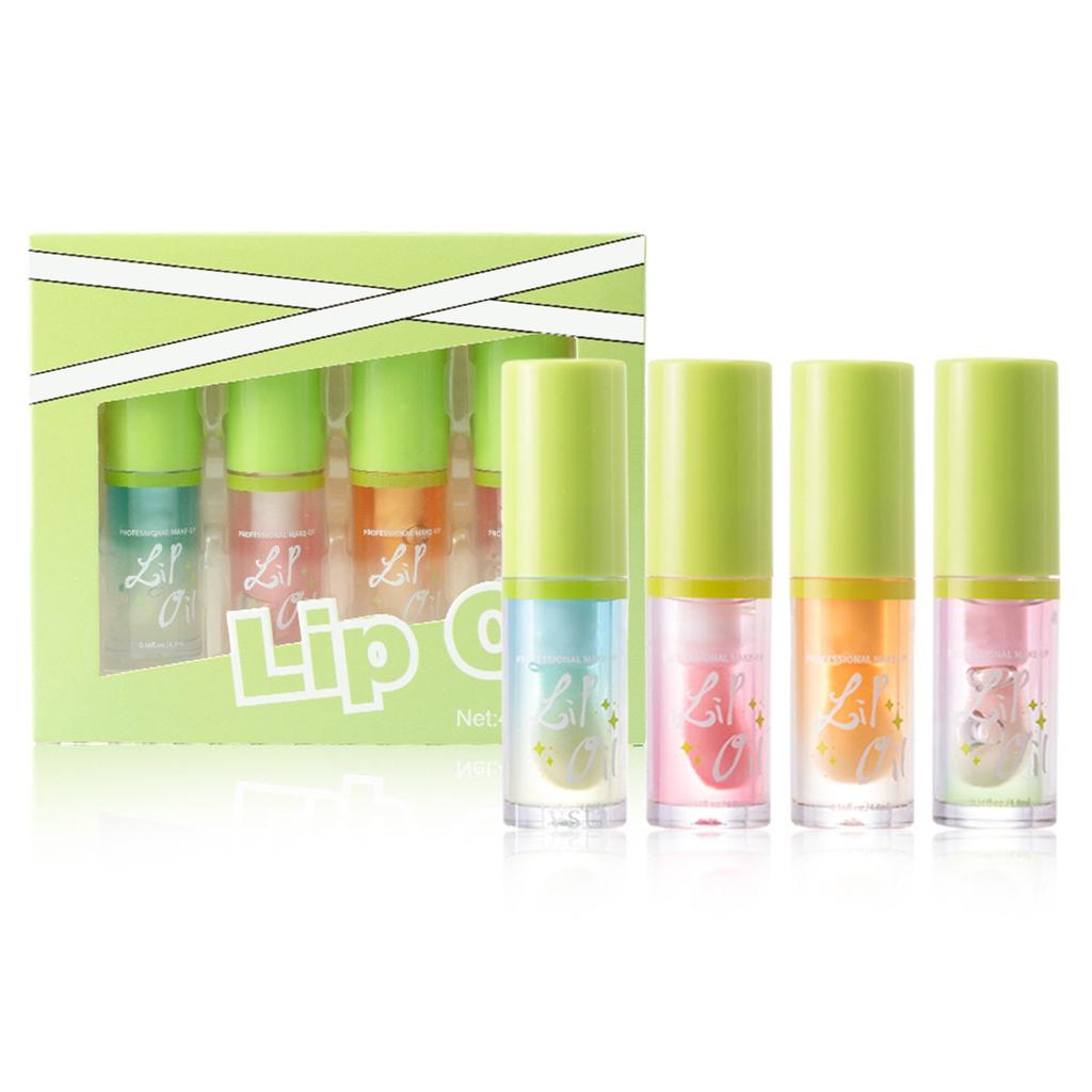 Moisturizing Lip Oil Set 4 Tablets, Large Brush Head Moisturizing Lip Gloss Gloss Transparent Mirror Moisturizing Cantaloupe Lip Oil 4.8ML*4